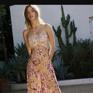 Free People Strapless Floral Cutout Wide Leg Boho Mustard Romper w Mauve Print
